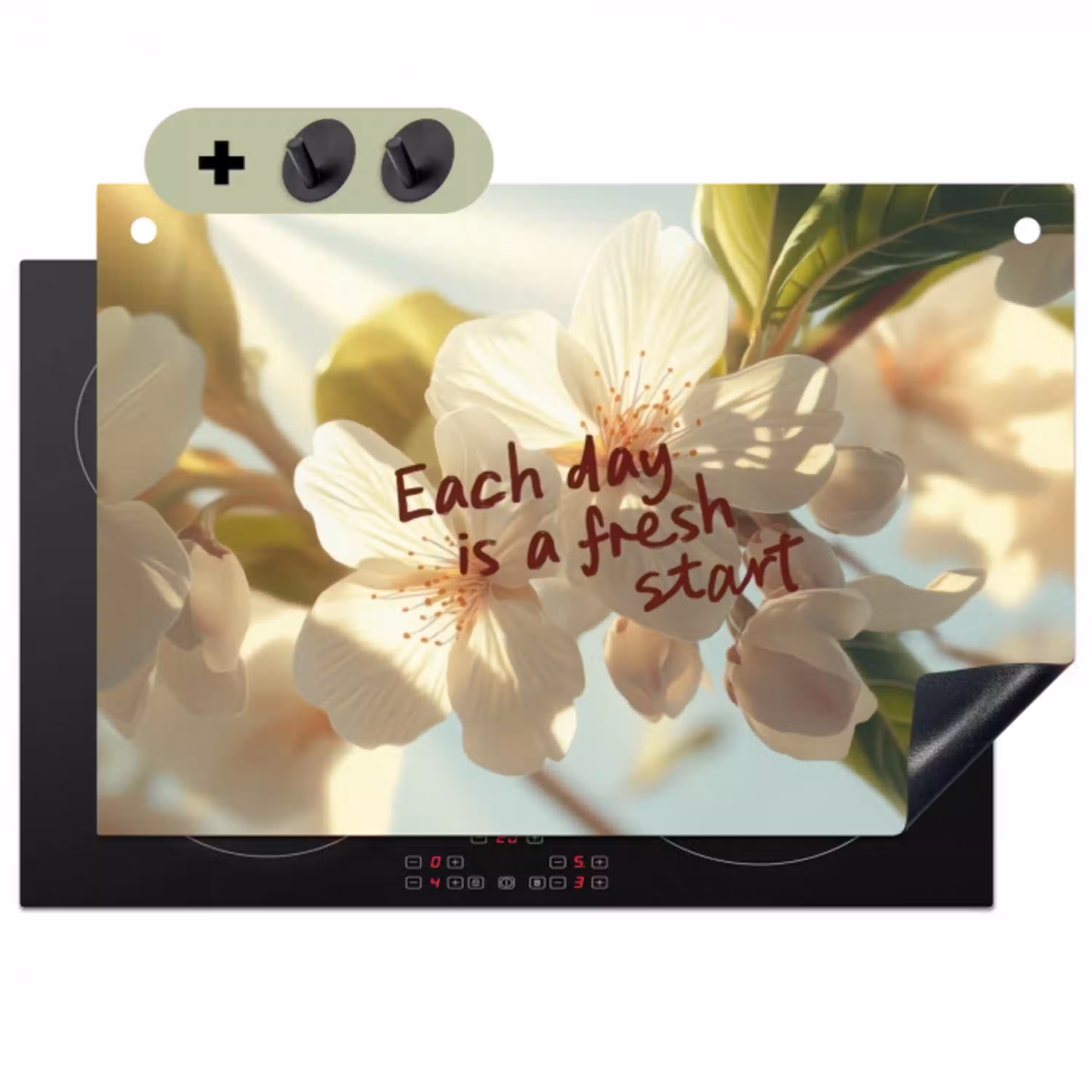Bloesems - Zonlicht - Quote - Wit Inductie beschemer met haakjes klein -3d