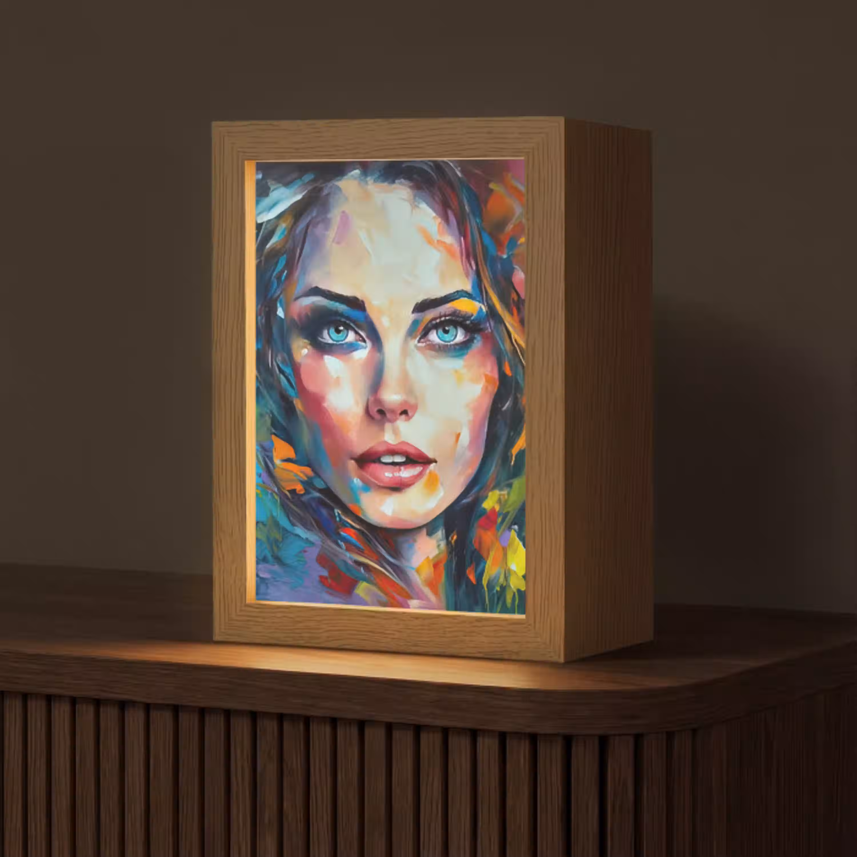 Gezicht - Vrouw - Olieverf - Kleurrijk - Kunst Light Box met kabel (Tafellamp) klein -z3d_website