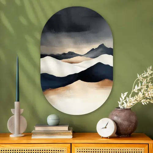 Bergen - Donkerblauw - Landschap Wandcirkel Ovaal Glas middel -sfeer2