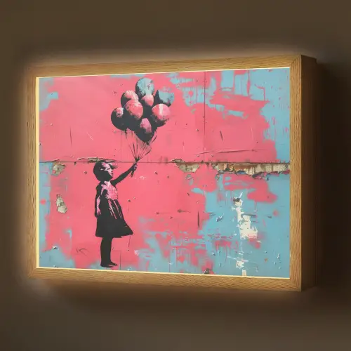 Graffiti - Meisje - Ballon - Roze - Blauw - Street art Light Box met batterij (Wandlamp) middel -z3d_website
