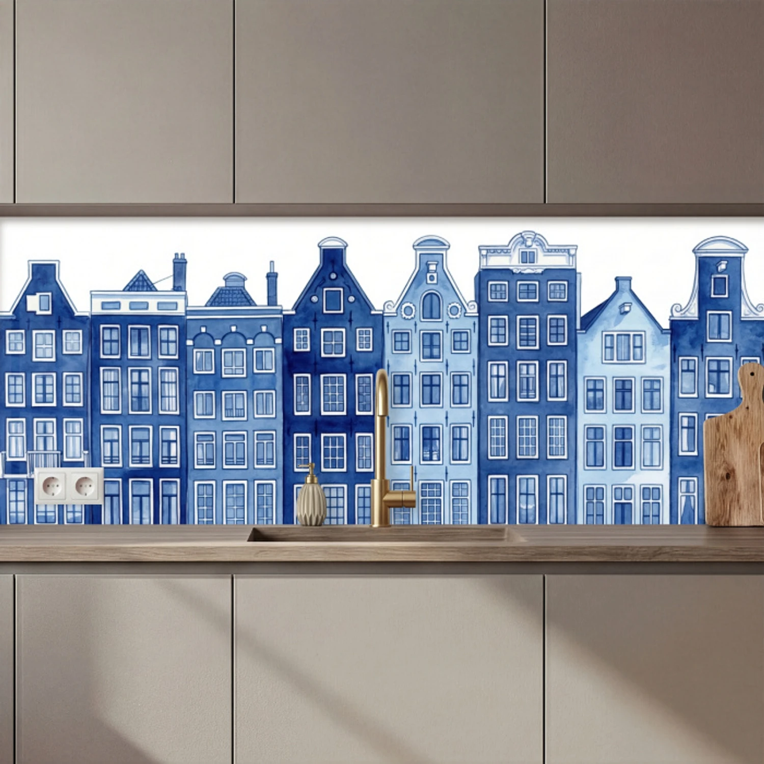 Aquarel - Grachtenpanden - Delfts - Blauw keuken achterwand 2 middel zz_3dshopping