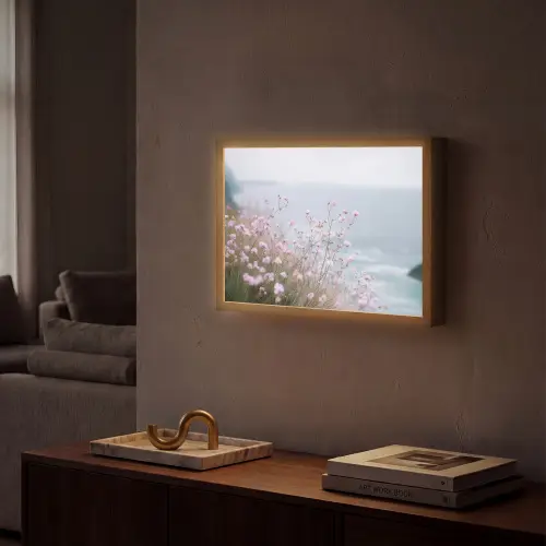 Klif - Bloemen - Zee - Roze Light Box met batterij (Wandlamp) middel -sfeer1