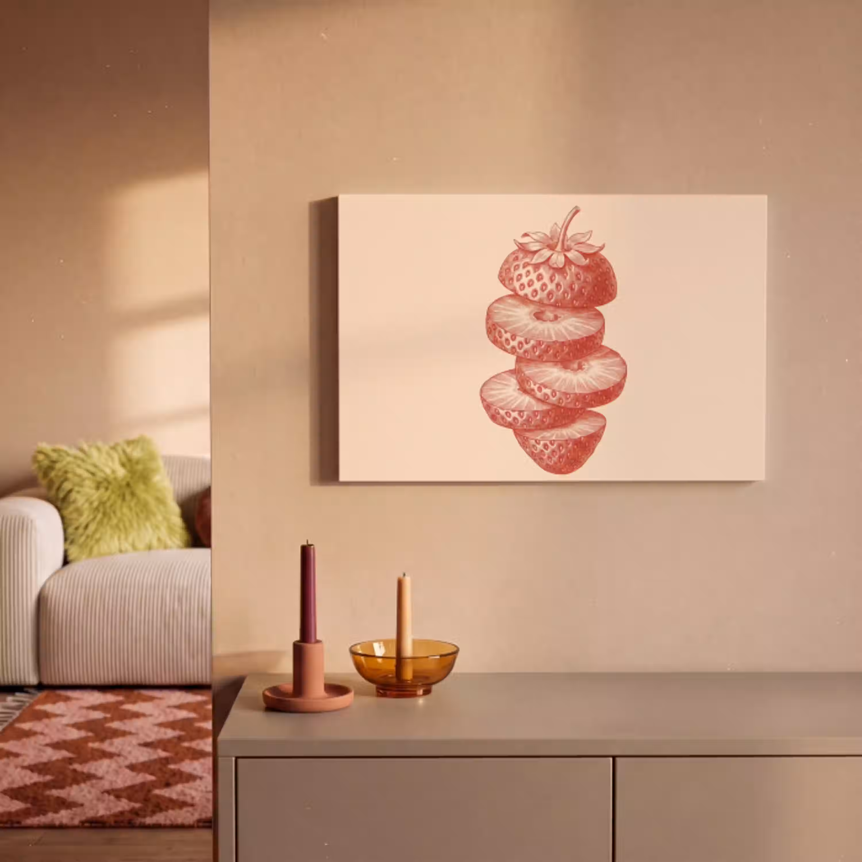 Fruit - Gesneden - Illustratie - Rood - Vintage canvas 2cm klein -sfeer1