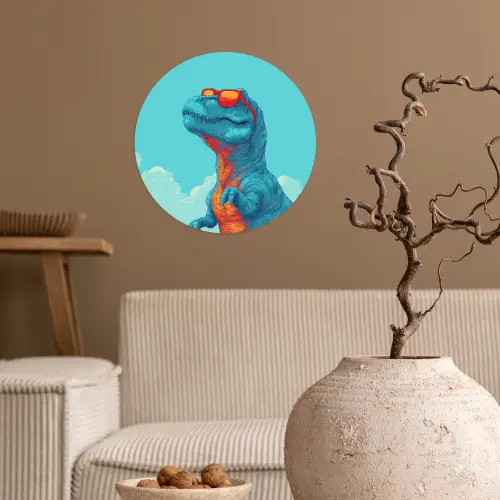 T-Rex - Blauw - Wolken - Zonnebril Wandcirkel behangsticker klein -sfeer1