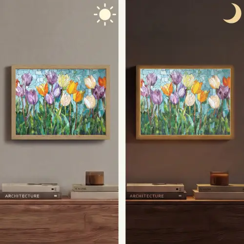 Mozaïek - Veld - Tulpen - Kleurrijk Light Box met batterij (Wandlamp) middel -sfeer3