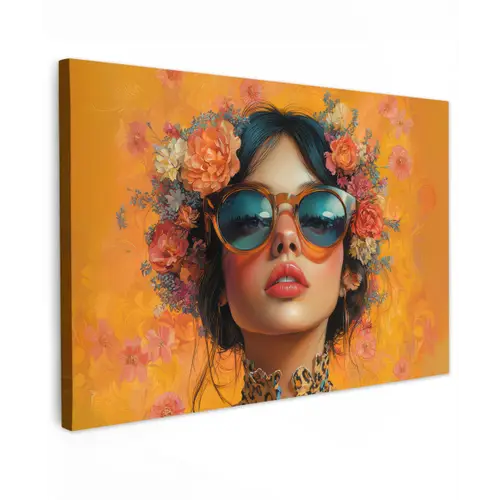 Vrouw - Bloemen - Aesthetic - Oranje Tuinposter op houten frame 2 cm dik klein -3d
