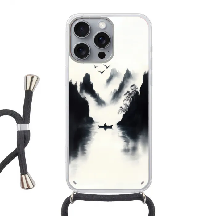 Roeiboot - Mistig - Bergen - Vogels Hoesje iPhone 16 Pro Max met koord klein -3d