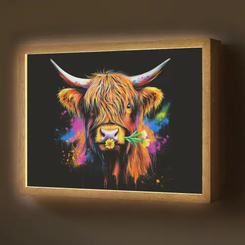 Schotse Hooglander - Graffiti - Kleurrijk - Bloem - Dieren Light Box met batterij (Wandlamp) middel -z3d_website