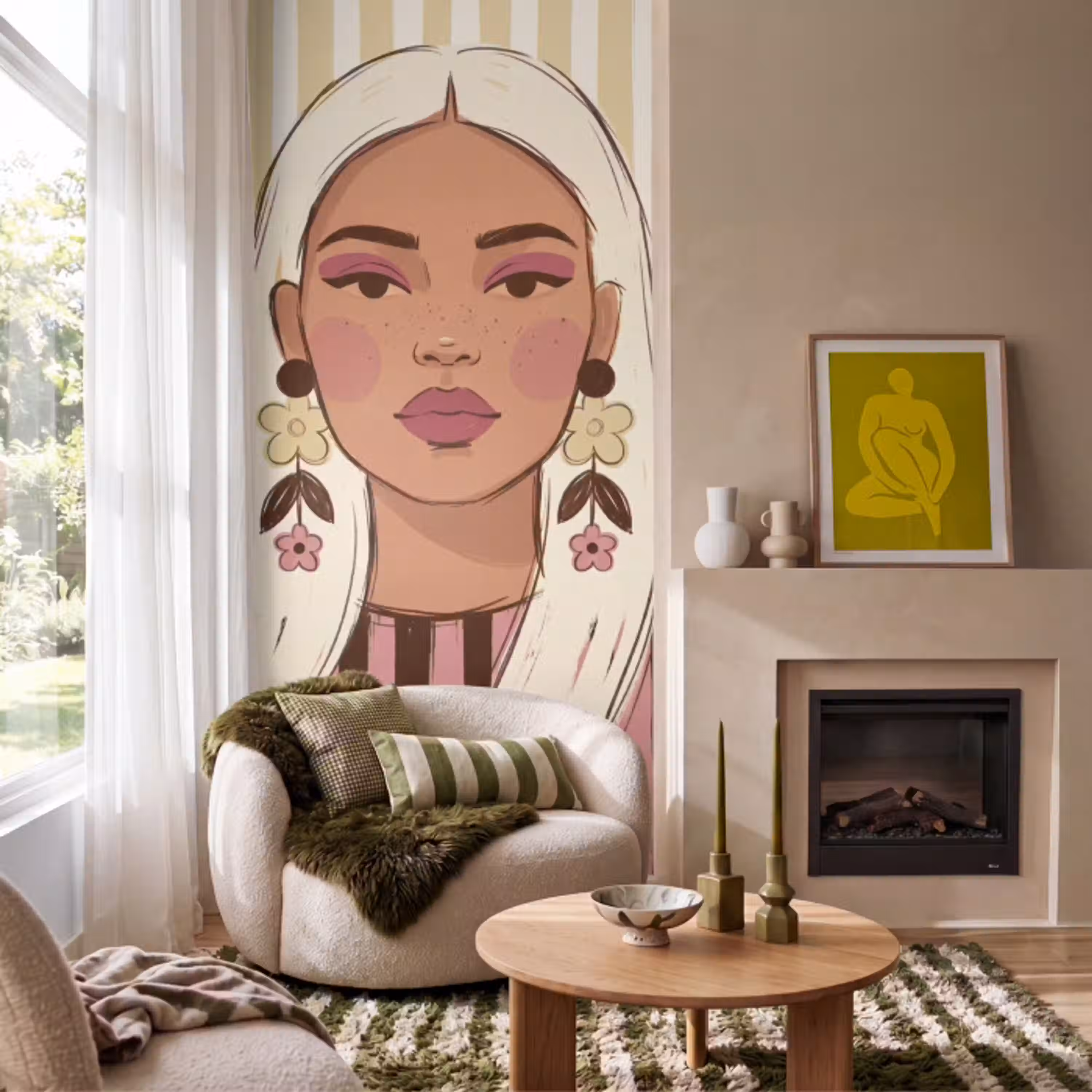 Vrouw - Portret - Illustratie - Modern - Roze Behang Vlies klein -sfeer2