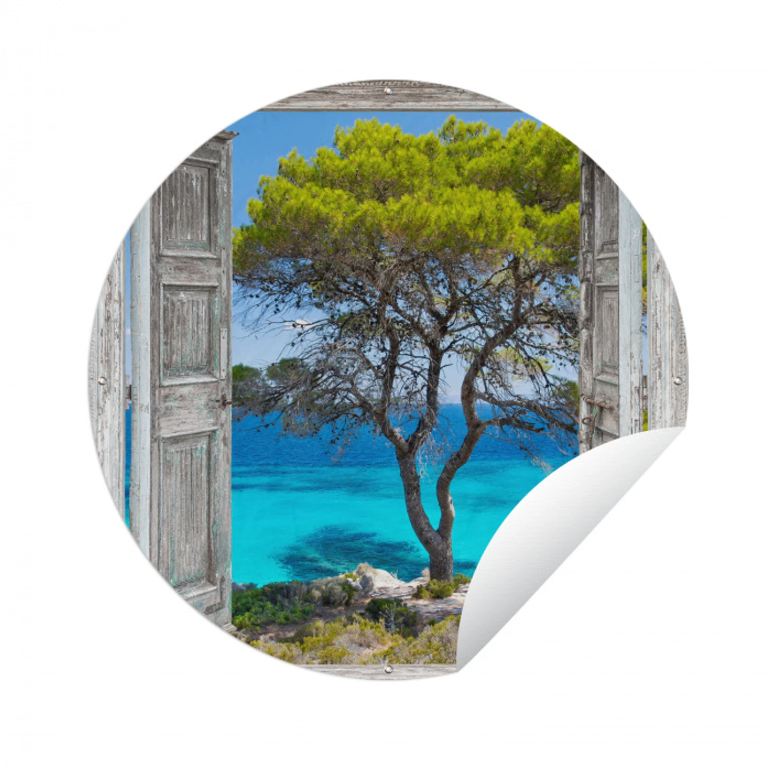 Boom - Tropisch - Zee - Doorkijk - Strand Wandcirkel tuinposter met ringen klein -3d
