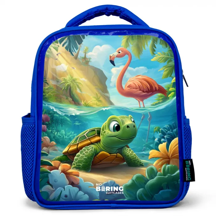 Schildpad in tropisch water met flamingo Kinderrugzak - Blauw middel -3d
