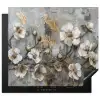 Bloemen - Wit - Grijs - Goud - Luxe Inductie beschermer vinyl 3mm middel -3d