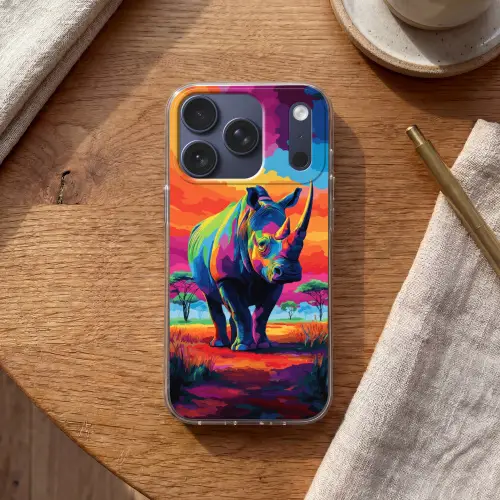 Neushoorn - Zonsondergang - Savanna - Kleurrijk Telefoonhoesje iPhone 17 Pro klein -sfeer1