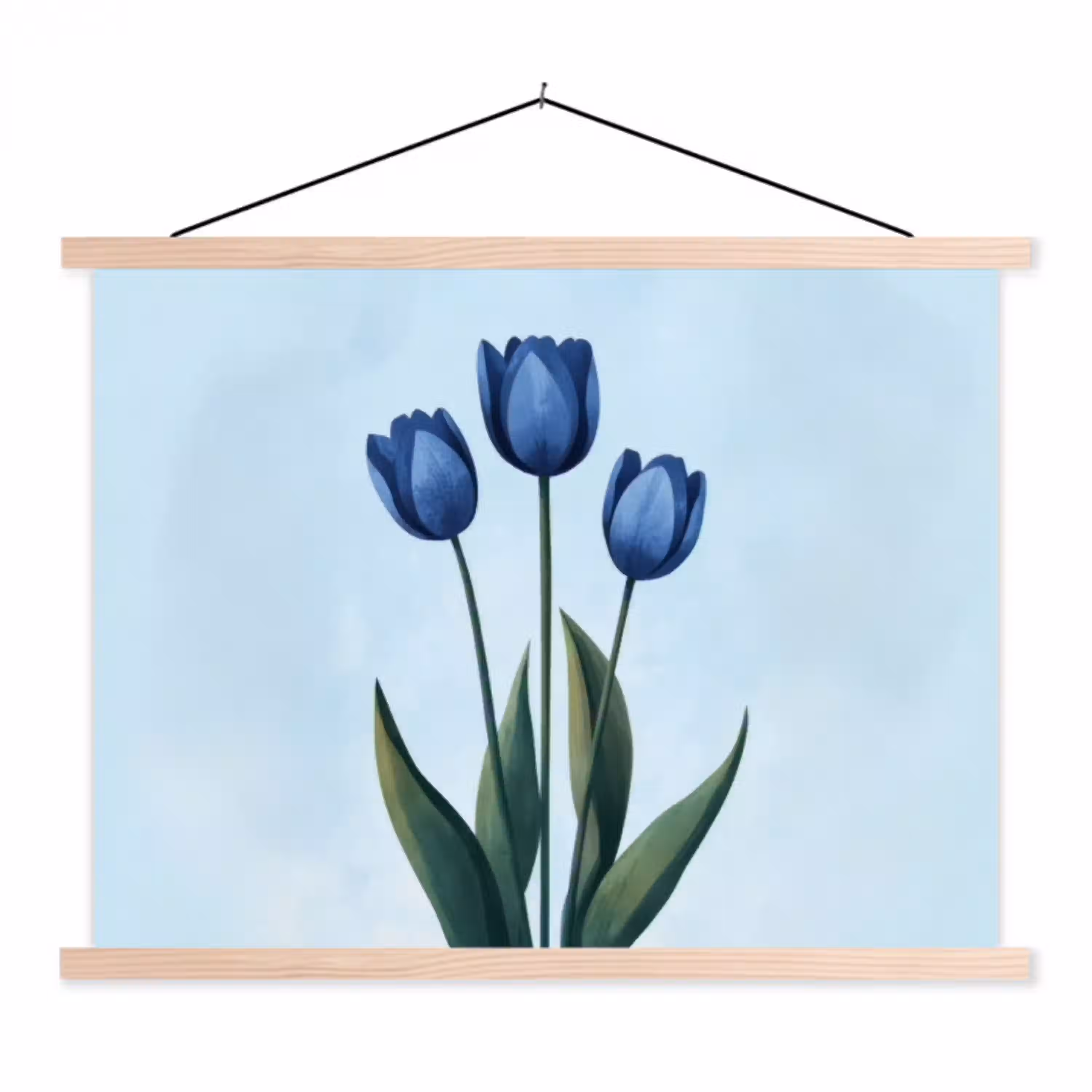 Tulpen - Blauw - Bladeren textielposter latten blank klein -3d