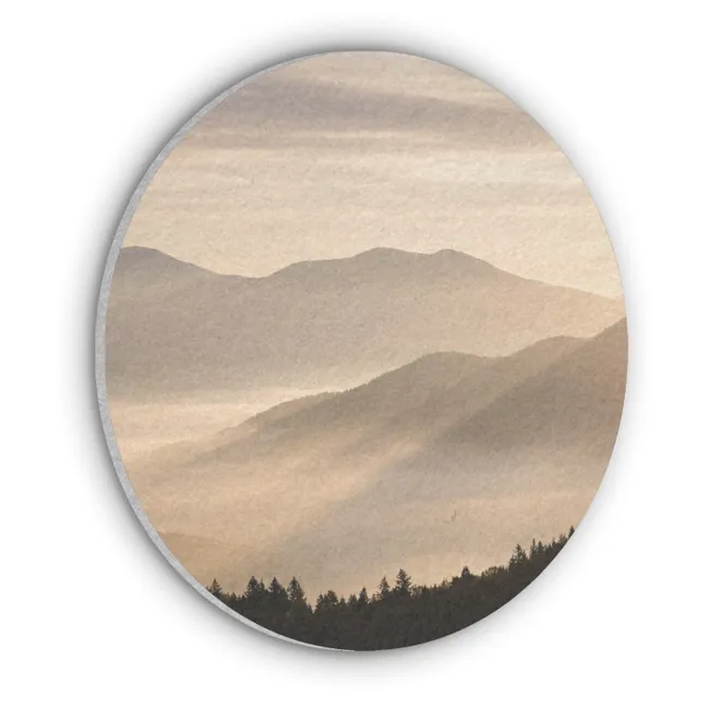 Akoestisch schilderij rond - Bergen - Mist - Zonnestralen