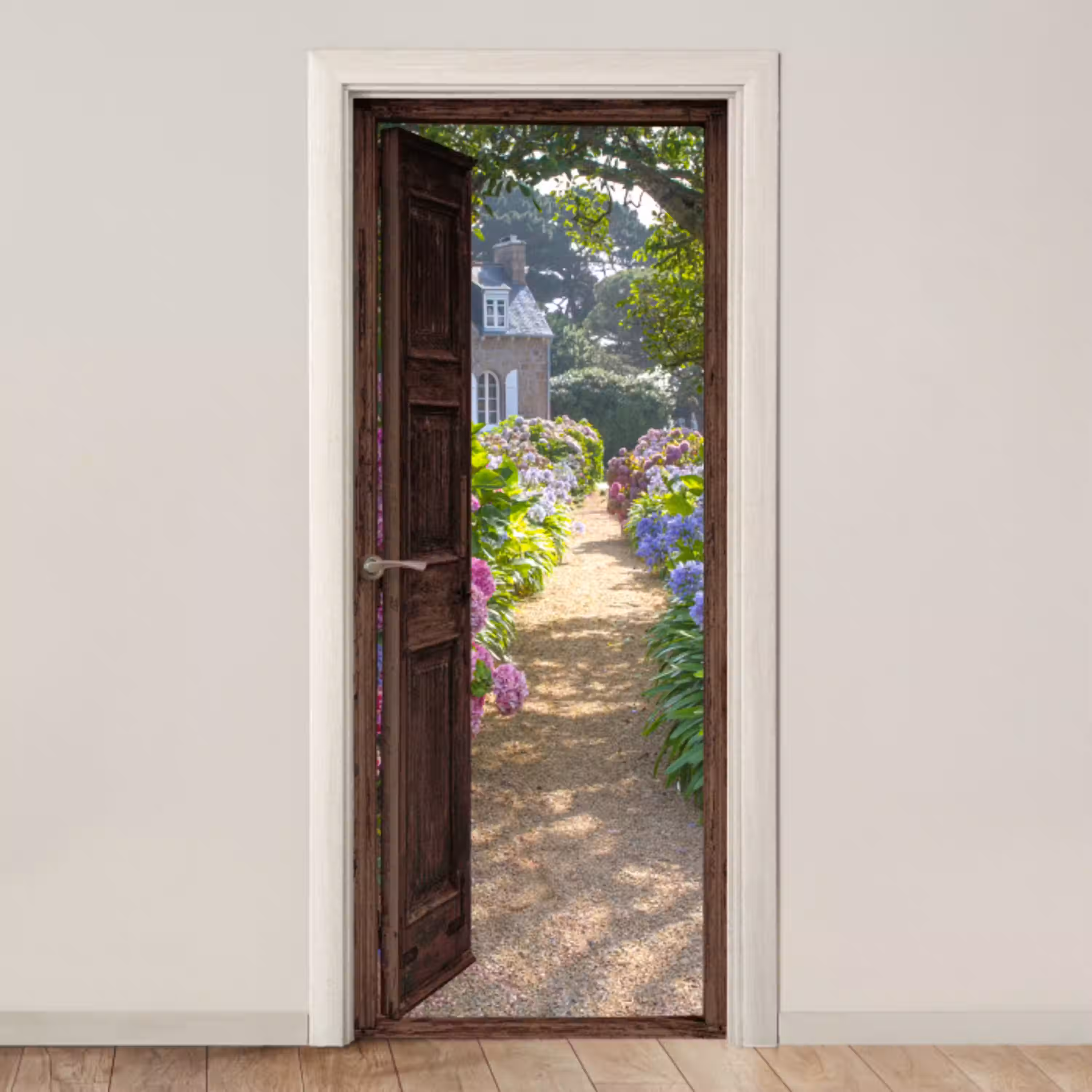 Doorkijk - Hortensia - Deur - Bloemen - Natuur deurposter klein -3d_beige