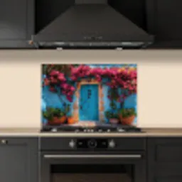 Deur - Hout - Bloemen - Blauw keuken achterwand spatscherm klein -sfeer1