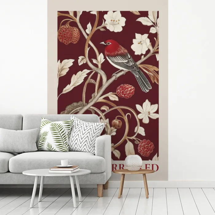 Vogel - Bordeaux - Bloemen - Bessen fotobehang vinyl groot -woonkamer