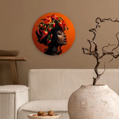Vrouw - Chilipepers - Pepers - Bloemen Wandcirkel plexiglas klein -sfeer1