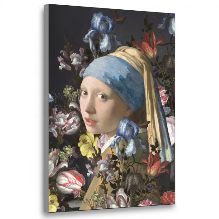 Meisje met de parel - Johannes Vermeer - Bloemen Textielframe zilver middel -3d