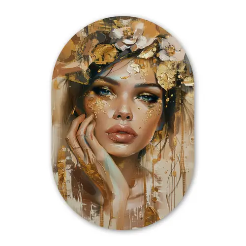 Vrouw - Bloemen  - Goud - Portret Wandcirkel Ovaal Forex klein -3d