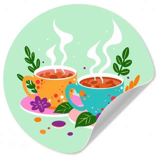 Thee - Illustratie - Kopjes - Bloemen Wandcirkel behangsticker klein -3d