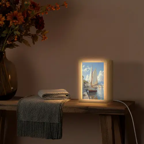 Zeilschip - Huizen - Kade - Zee Light Box met kabel (Tafellamp) klein -sfeer4