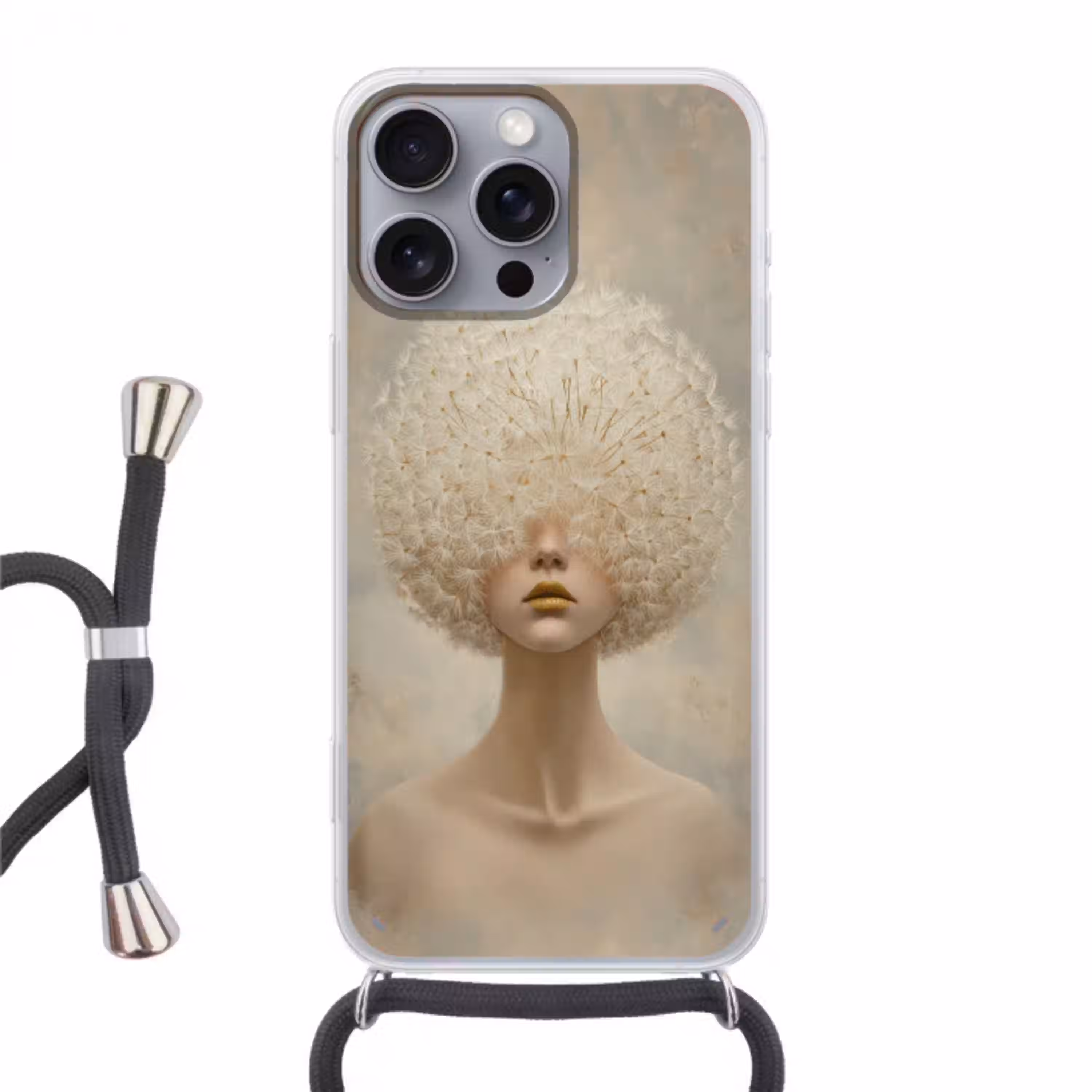 Dromerig - Beige - Paardenbloemzaadjes Hoesje iPhone 16 Pro Max met koord klein -3d