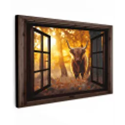 Schotse hooglander - Bos - Herfst - Dieren - Natuur - Bladeren - Doorkijk Tuinposter op houten frame 2 cm dik klein -3d