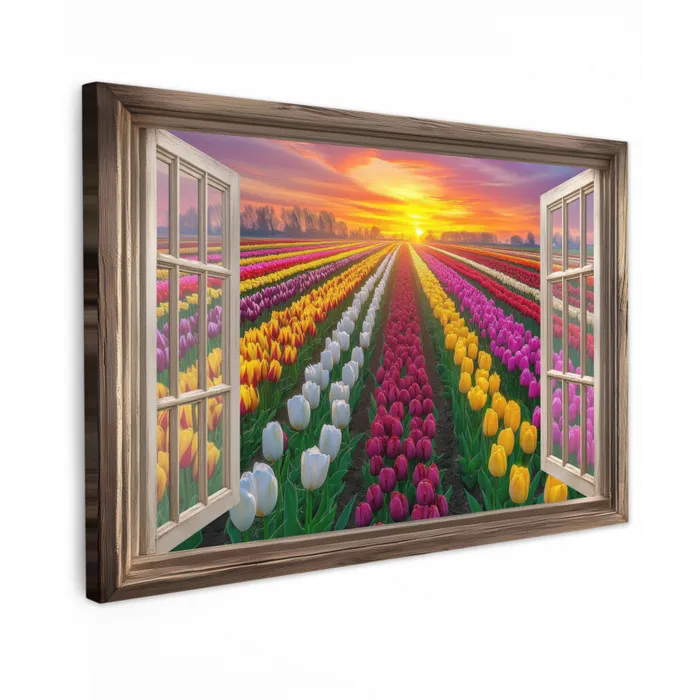 Doorkijk - Bloemen - Tulpen - Kleurrijk - Zonsondergang Tuinposter op houten frame 2 cm dik klein -3d
