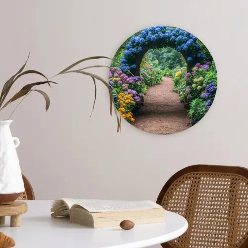 Doorkijk - Bloemen - Hortensia - Pad Wandcirkel kunststof plaat 5mm dik klein -sfeer4