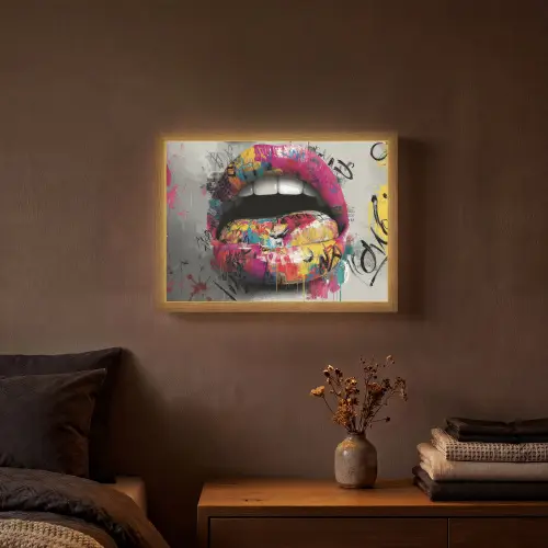 Lippen - Graffiti - Expressief Light Box met batterij (Wandlamp) middel -sfeer4