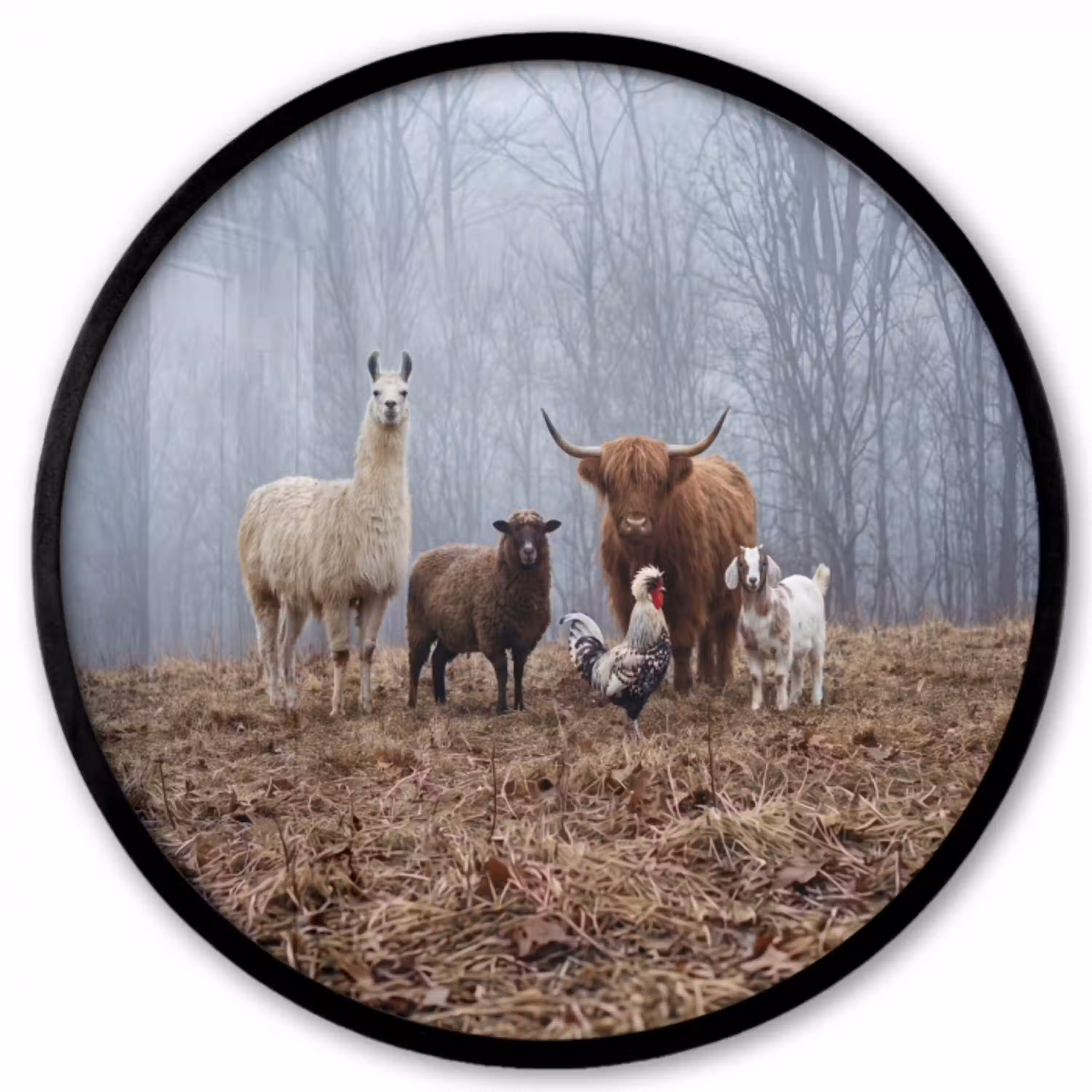 Boerderijdieren - Groep - Mist - Natuur - Rustiek Fotolijst rond zonder passe partout klein -3d