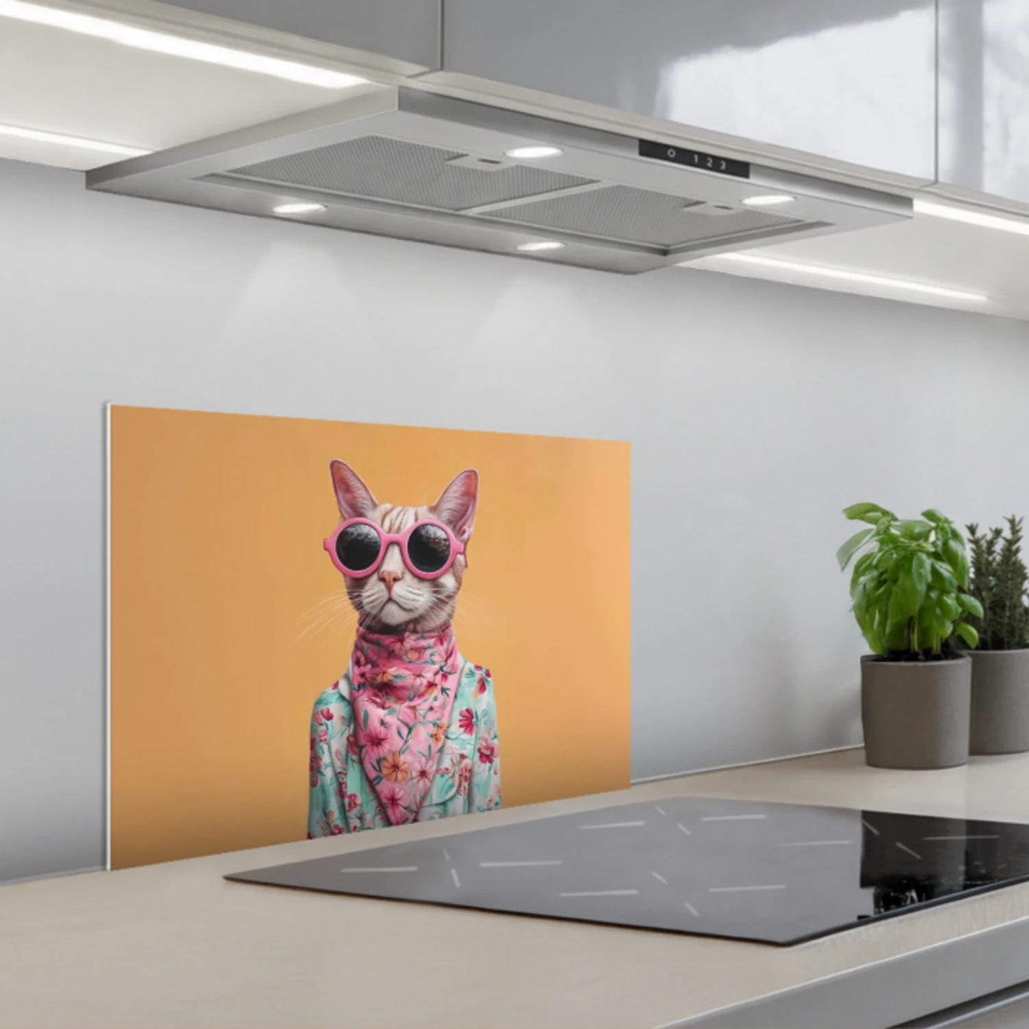 Zonnebril - Kat - Sjaal - Bloemen keuken achterwand spatscherm klein -3d_schuin