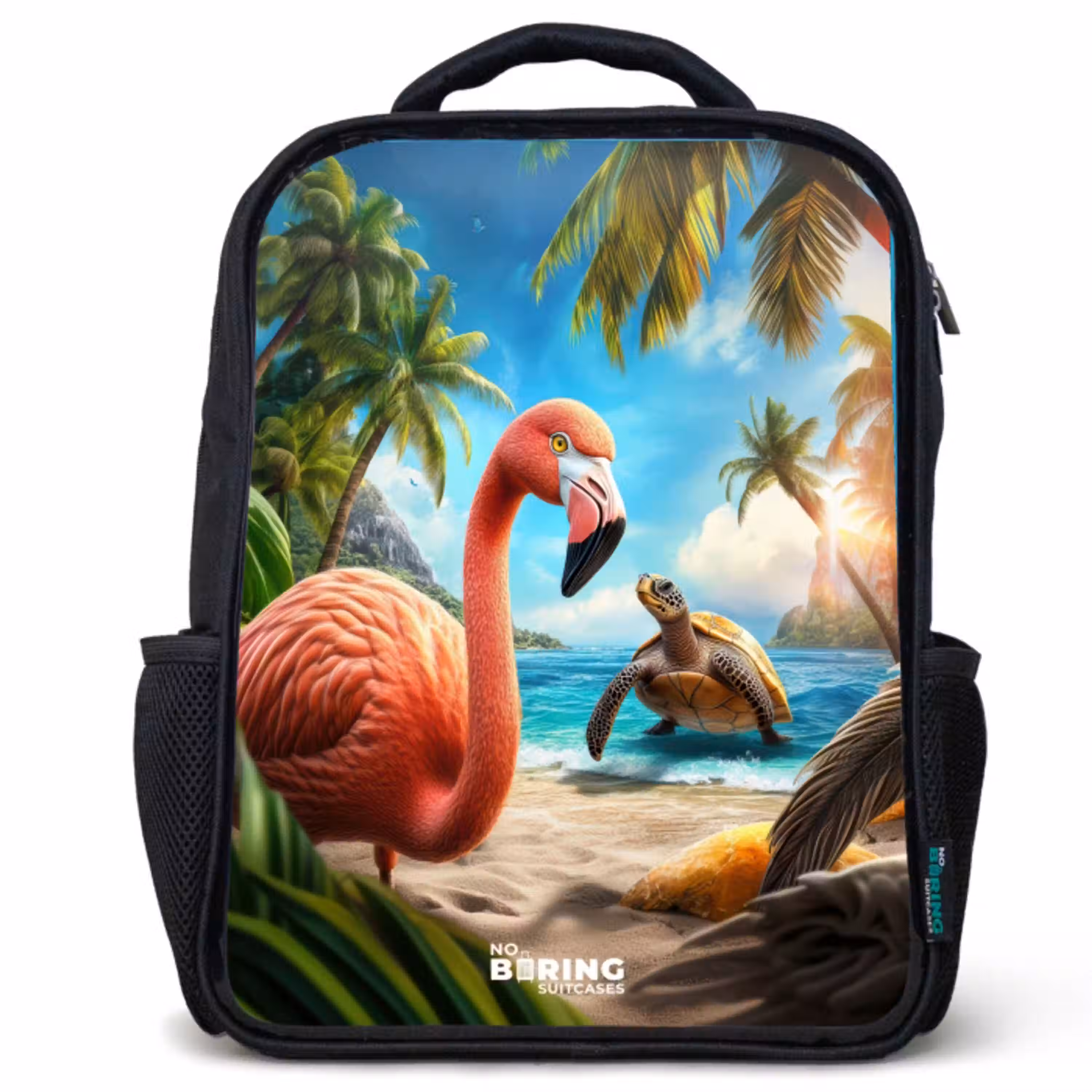 Flamingo en schildpad op tropisch strand Rugzak - Zwart middel -3d