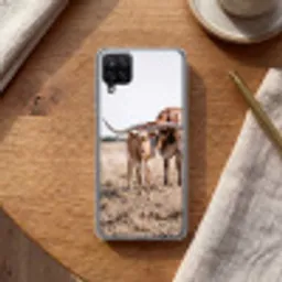 Texas Longhorn - Kalf - Weide - Dieren Telefoonhoesje Samsung Galaxy A12 klein -sfeer1