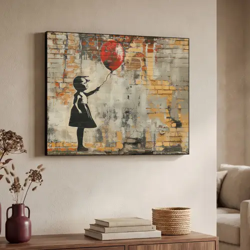 Graffiti - Banksy Style - Meisje met ballon Textielframe zwart klein -sfeer3