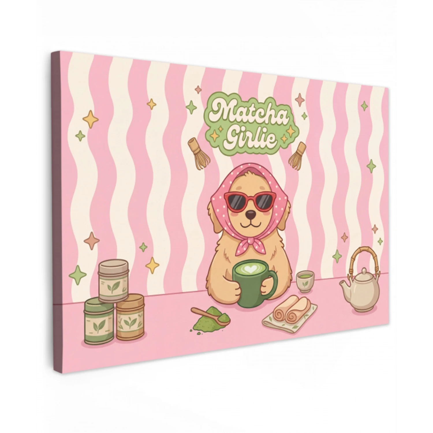 Matcha - Hond - Roze - Groen Tuinposter op houten frame 2 cm dik klein -3d