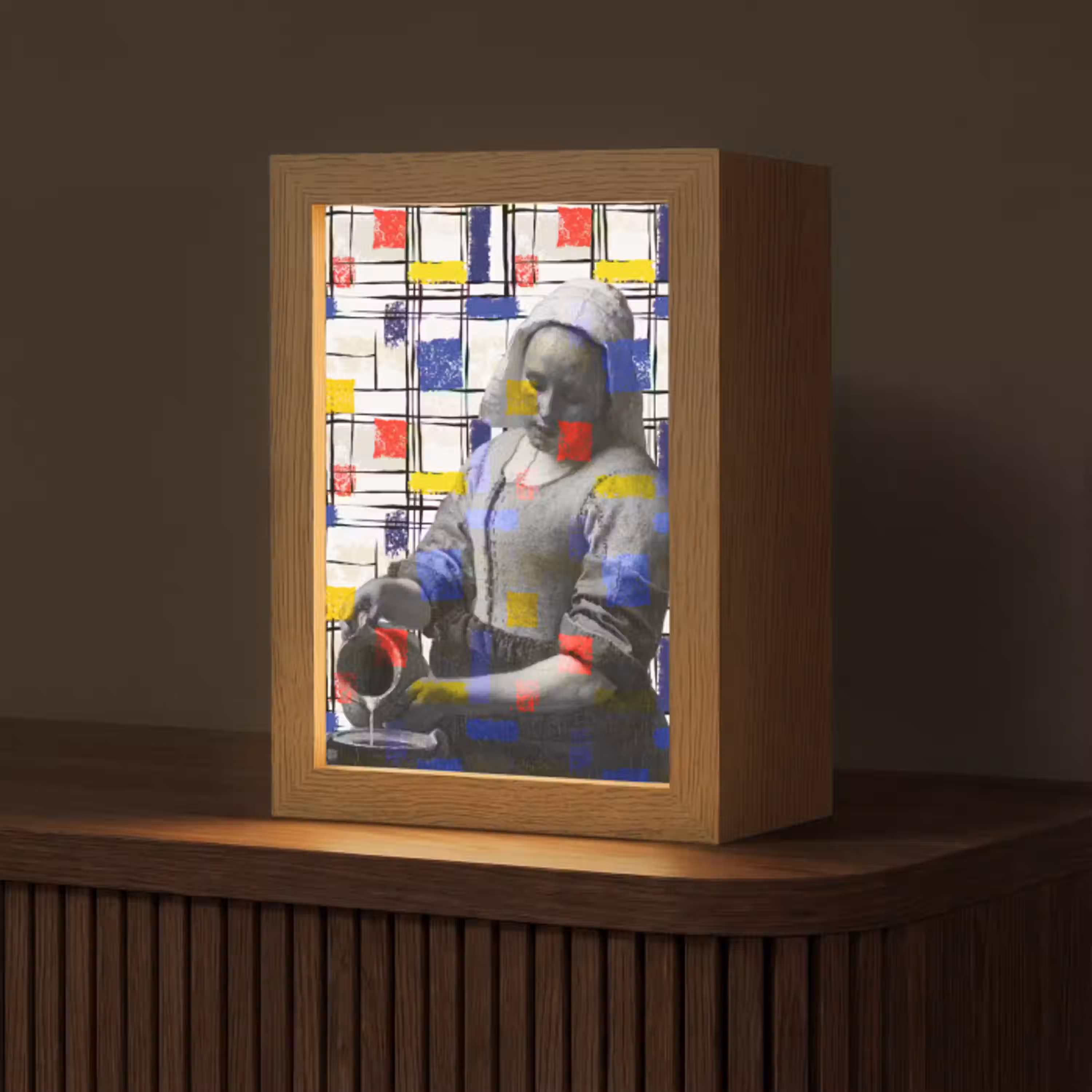 Melkmeisje - Mondriaan - Collage Light Box met kabel (Tafellamp) klein -z3d_website
