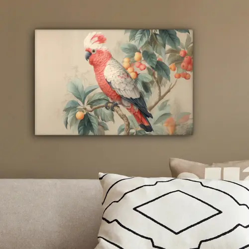 Roze kuifkaketoe - Tak met vruchten - Bladeren canvas 2cm klein -sfeer3