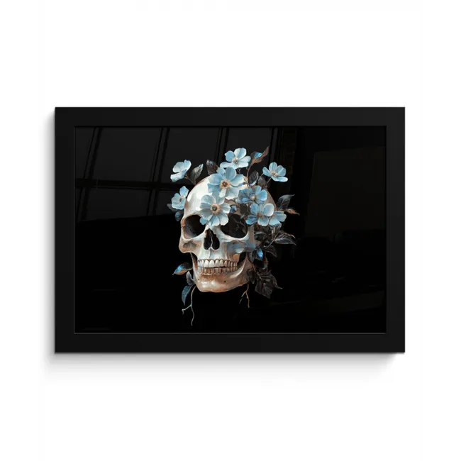 Schedel - Blauw - Bloemen - Bladeren fotolijst zwart zonder passe partout klein -3d