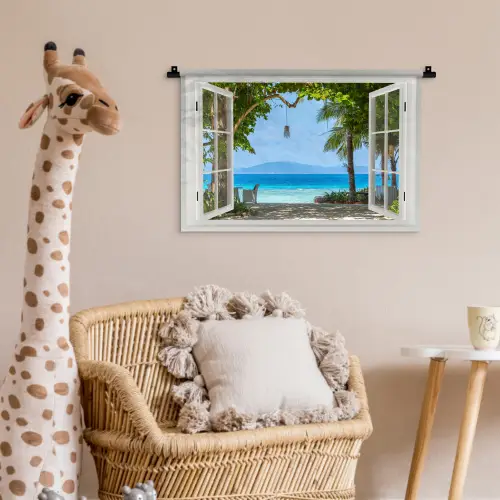 Doorkijk - Boom - Zee - Palmboom - Heuvels - Strand - Blauw Wandkleed katoen klein -wsfeer5_kind