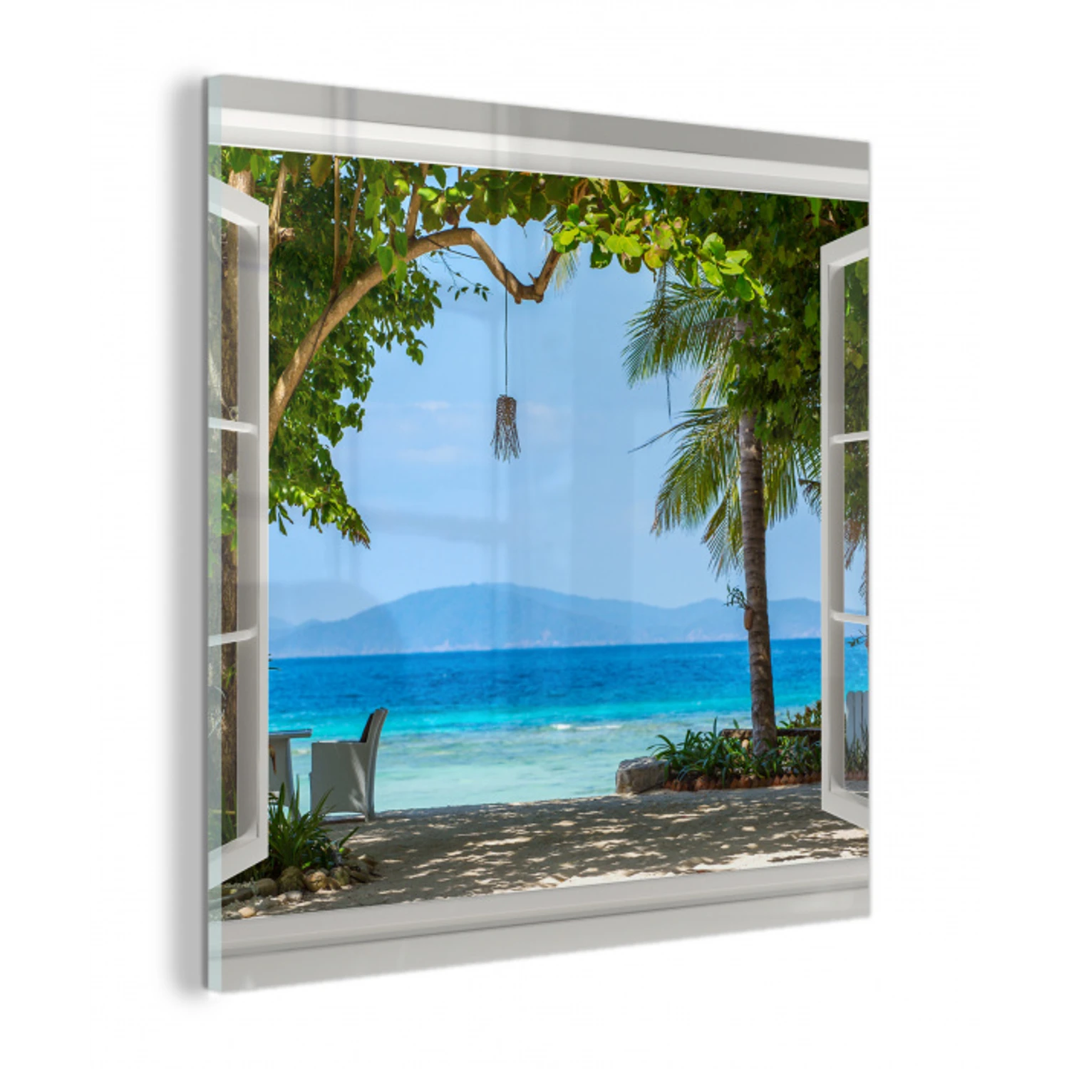 Doorkijk - Boom - Zee - Palmboom - Heuvels - Strand - Blauw plexiglas 5mm klein -z3d