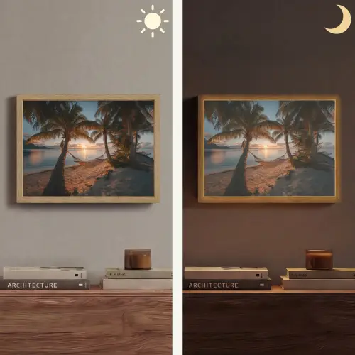 Palmbomen - Hangmat - Strand - Zonsondergang Light Box met batterij (Wandlamp) middel -sfeer3