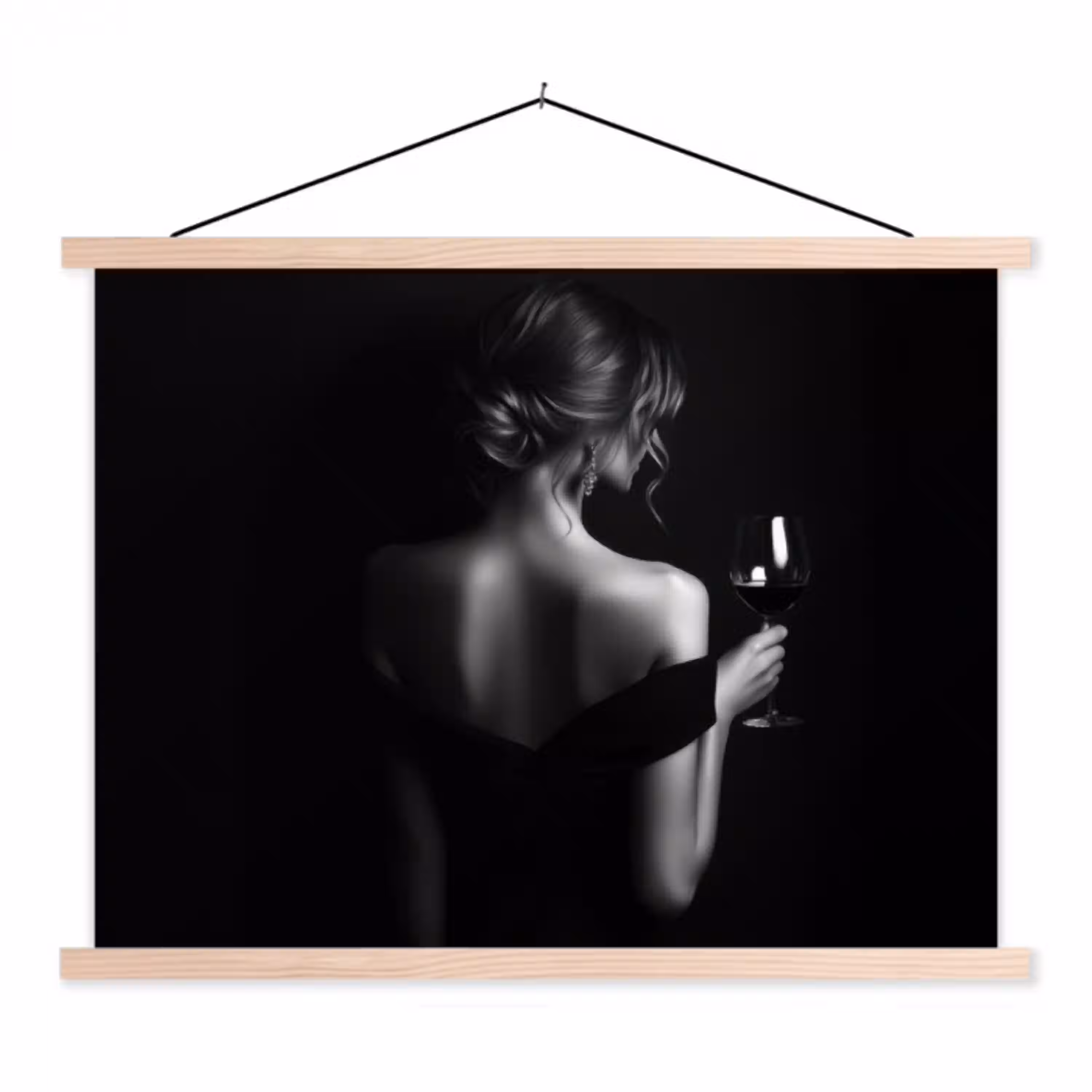 Vrouw - Wijn - Jurk textielposter latten blank klein -3d