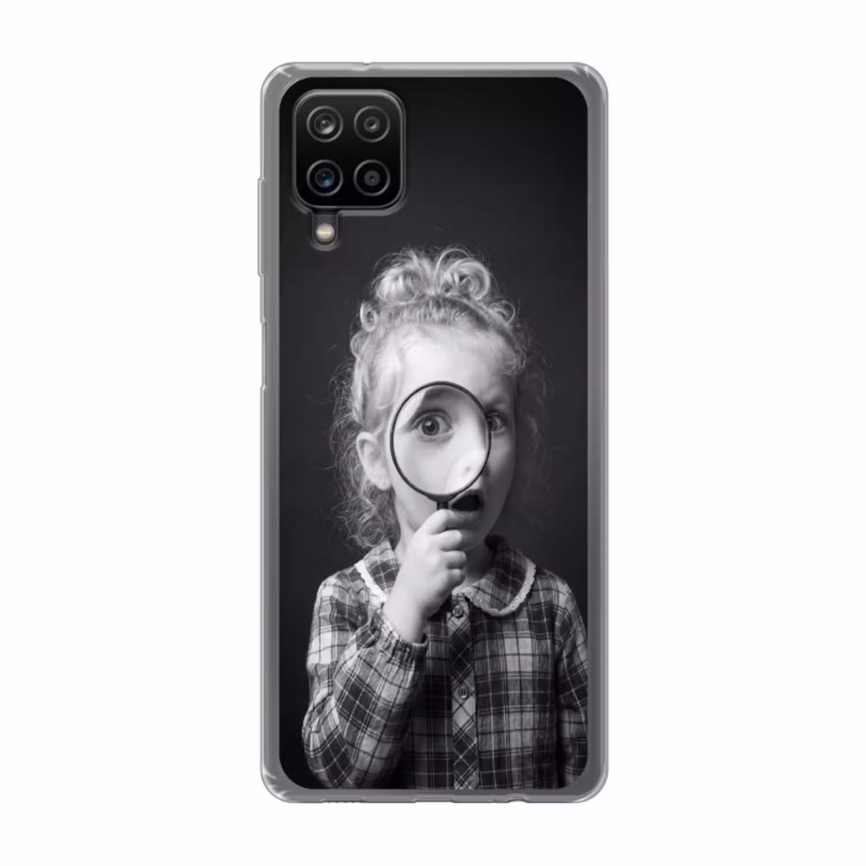 Kind - Vergrootglas - Portret - Zwart-wit Telefoonhoesje Samsung Galaxy A12 klein -3d