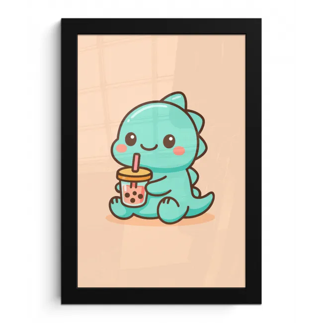 Dino - Boba - kawaii - Oranje fotolijst zwart zonder passe partout klein -3d