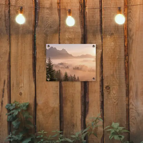 Zonlicht - Mist - Bergen - Bomen tuinposter los doek klein -sfeer1