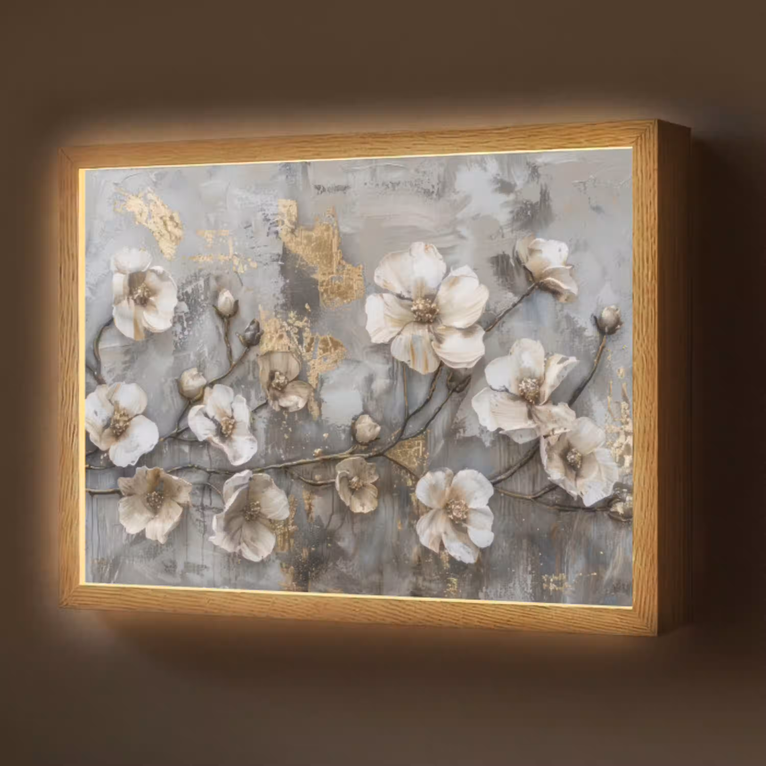 Bloemen - Wit - Grijs - Goud - Luxe Light Box met batterij (Wandlamp) middel -z3d_website