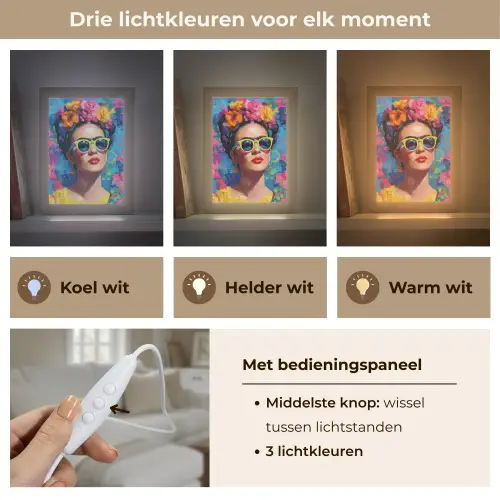 Vrolijk portret - Vrouw - Bloemenkroon Light Box met kabel (Tafellamp) klein -USP_lichtkleurNL